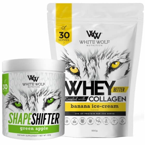Close up image of White Wolf Whey Better and shape shifter shred stack with white background.
