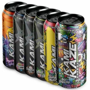 A close-up digital rendering of the Athletic Sport Kamikaze all flavours RTD cans, placed on a white background. The label on the cans is clearly visible, and the supplement's name is legible. The design and details of the cans are shown in high definition.