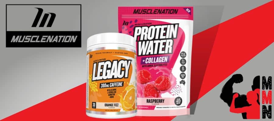 Muscle Nation Banner, close up image of Protein Water and Legacy Pre-Workout, red and grey background with Me Muscle Nutrition and Muscle Nation logos.