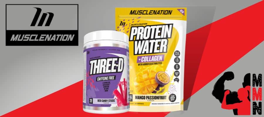 Muscle Nation banner, close up image of Protein Water and Legacy Three-D Non-Stim Pre-Workout, red and grey background with Me Muscle Nutrition and Muscle Nation logos.