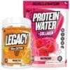 Close up image of Muscle Nation Protein Water and Legacy With white background.