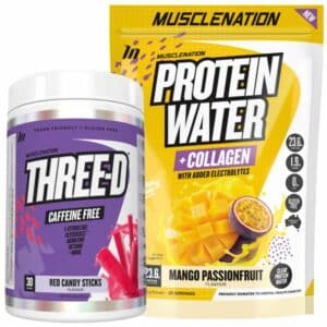 Close up image of Muscle Nation Protein Water and Three-D Pump with white background