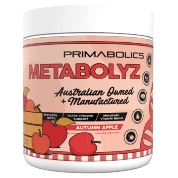 Primabolics Metabolyz 60 Scoops Autumn Apple flavour – limited edition container with apple-themed design, featuring Australian branding and icons for everyday burn, active lifestyle support, and metabolic vitamin blend.