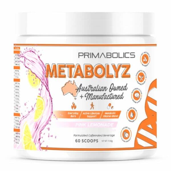 A close-up digital rendering of Primabolics Metabolyz Pink Lemonade flavour supplement, placed on a white background. The label on the tub is clearly visible, and the supplement's name is legible. The design and details of the tub are shown in high definition.