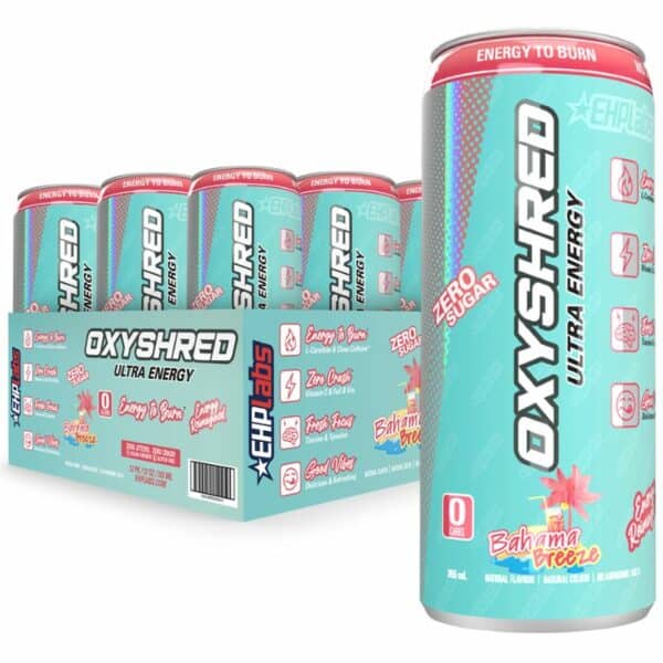 A close-up digital rendering of EHP Labs – Oxyshred Ultra Energy RTD 12 Pack, Bahama Breeze flavours, placed on a white background. The label on the can is clearly visible, and the supplement's name is legible. The design and details of the can are shown in high definition.