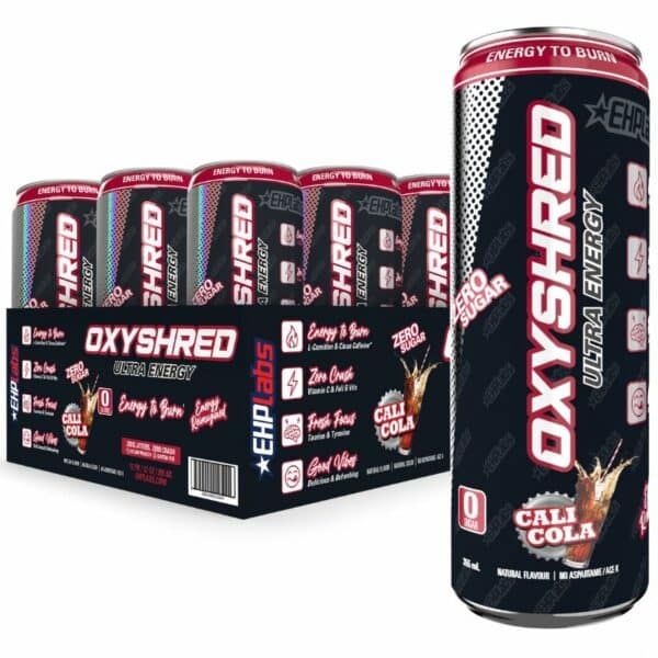 A close-up digital rendering of EHP Labs – Oxyshred Ultra Energy RTD 12 Pack, Cali Cola flavours, placed on a white background. The label on the can is clearly visible, and the supplement's name is legible. The design and details of the can are shown in high definition.