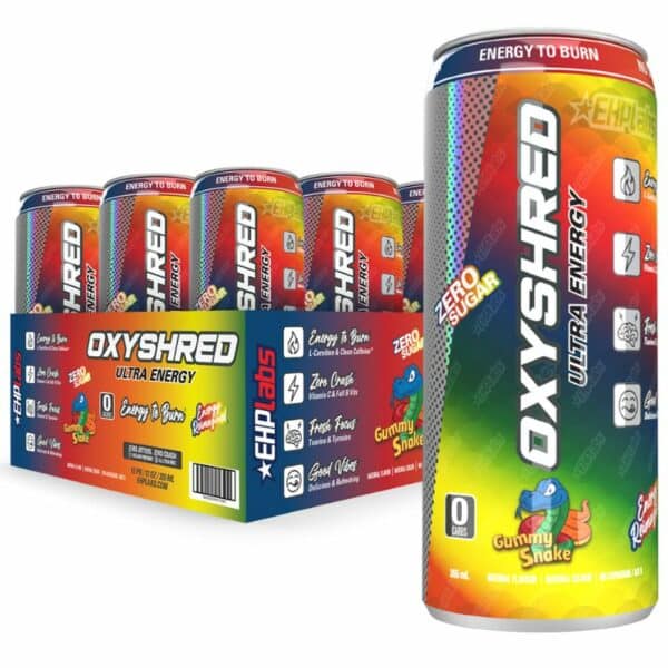 A close-up digital rendering of EHP Labs – Oxyshred Ultra Energy RTD 12 Pack, Gummy Snake flavours, placed on a white background. The label on the can is clearly visible, and the supplement's name is legible. The design and details of the can are shown in high definition.