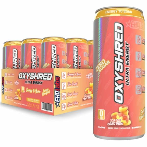A close-up digital rendering of EHP Labs – Oxyshred Ultra Energy RTD 12 Pack, Peach Candy Rings flavours, placed on a white background. The label on the can is clearly visible, and the supplement's name is legible. The design and details of the can are shown in high definition.