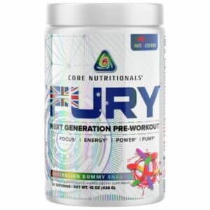 A close-up digital rendering of the Core Nutritionals Fury supplement tub Australian Gummy Snake flavour, placed on a white background. The label on the tub is clearly visible, and the supplement's name is legible. The design and details of the bottle are shown in high definition.
