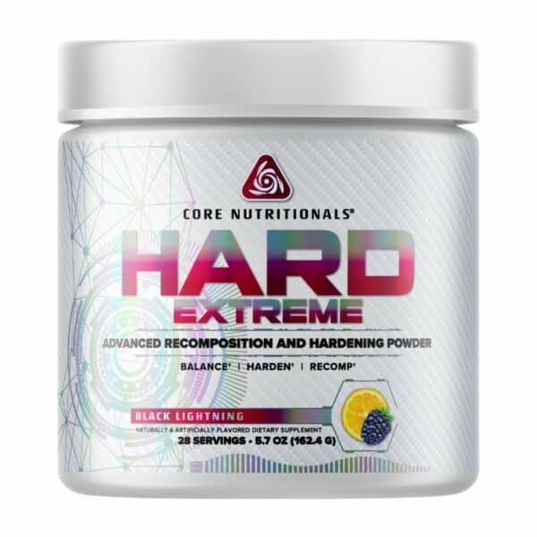A close-up digital rendering of the Core Nutritionals Hard Extreme, black Lighting flavour supplement bottle, placed on a white background. The label on the bottle is clearly visible, and the supplement's name is legible. The design and details of the bottle are shown in high definition.
