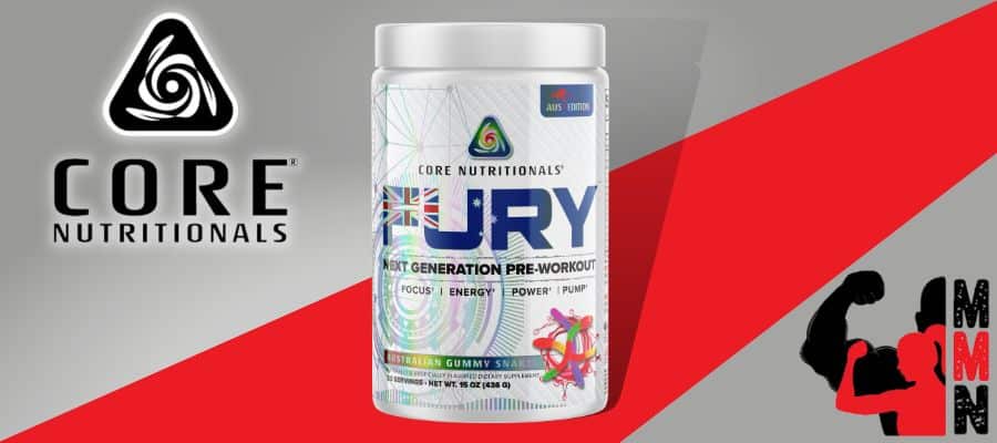 A website banner featuring a close-up image of Core Nutritionals Fury supplement, placed on a red and grey background. The supplement container is visible, with the Core Nutritionals and Me Muscle Nutrition logos displayed prominently on the label.