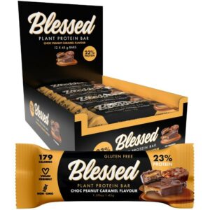 A close-up digital rendering of the of Blessed Plant Protein box of 12 bars Choc Peanut Caramel Flavour, placed on a white background. The label on the box is clearly visible, and the supplement's name is legible. The design and details of the box are shown in high definition.