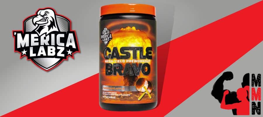 A website banner featuring a close-up image of Merica Labz Castle Bravo supplement, placed on a red and grey background. The supplement tub is visible, with the Merica Labz and Me Muscle Nutrition logos displayed prominently on the label.