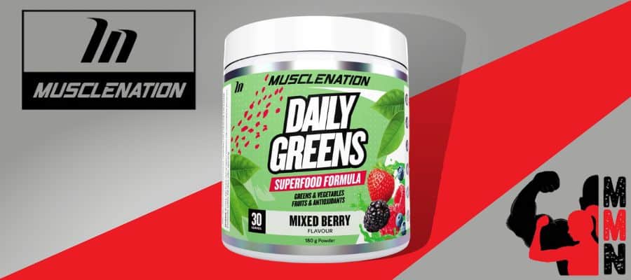 A website banner featuring a close-up image of Muscle Nation Daily Greens supplement, placed on a red and grey background. The supplement tub is visible, with the Muscle Nation and Me Muscle Nutrition logos displayed prominently on the label.