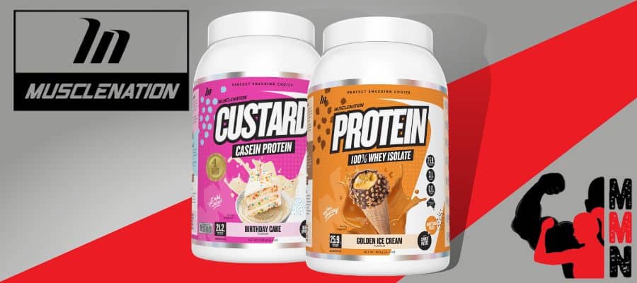 A website banner featuring a close-up image of Muscle Nation 100% Whey Isolate & Custard Casein supplements, placed on a red and grey background. The supplement container is visible, with the Muscle Nation and Me Muscle Nutrition logos displayed prominently on the label.