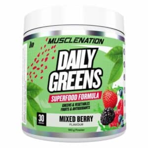 A close-up digital rendering of the Muscle Nation Daily Greens Mixed Berry flavour supplement tub, placed on a white background. The label on the tub is clearly visible, and the supplement's name is legible. The design and details of the tub are shown in high definition.