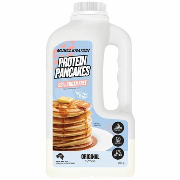 A close-up digital rendering of the Muscle Nation Protein Pancakes supplement container, placed on a white background. The label on the container is clearly visible, and the supplement's name is legible. The design and details of the container are shown in high definition.