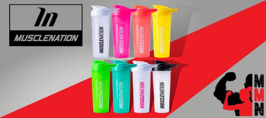 A website banner featuring a close-up image of Muscle Nation x8 coloured 700ml Shakers linded up, side by side, placed on a red and grey background. The supplement container is visible, with the Muscle Nation and Me Muscle Nutrition logos displayed prominently on the label.