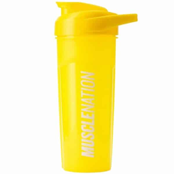 A close-up digital rendering of the Muscle Nation 700ml Shaker, Lemon colour placed on a white background. The Shaker is clearly visible,. The design and details of the shaker are shown in high definition.