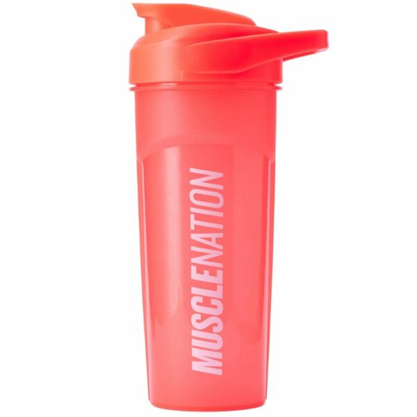A close-up digital rendering of the Muscle Nation 700ml Shaker, Orange Colour placed on a white background. The Shaker is clearly visible. The design and details of the shaker are shown in high definition.