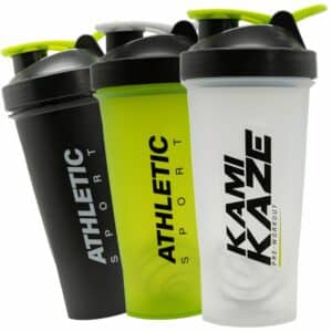 A close-up digital rendering of the Athletic Sport 700ml shakers, Green, black and clear Colours, placed on a white background. The label on the shaker is clearly visible, and the supplement's name is legible. The design and details of the shaker are shown in high definition.
