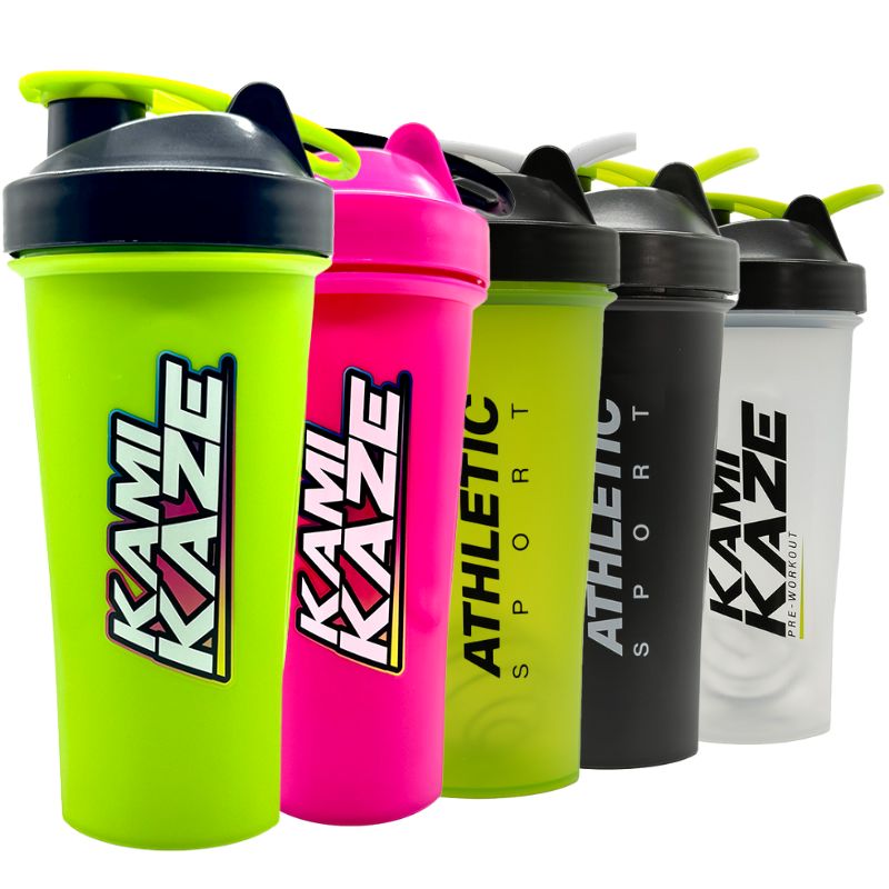 Five colourful Athletic Sport and Kamikaze 700ml shakers in green, pink, yellow, black, and clear. All feature flip-top lids and bold branding.