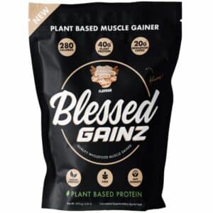 A close-up digital rendering of the Blessed Plant Protein Gainz Vanilla Cinnamon Swirl flavour supplement bag, placed on a white background. The label on the bag is clearly visible, and the supplement's name is legible. The design and details of the bag are shown in high definition.