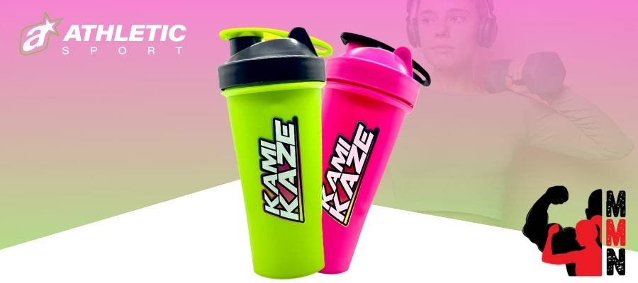 Promotional banner featuring two Kamikaze 700ml shakers in neon green and bright pink, with Athletic Sport and Me Muscle Nutrition logos on a pink-to-green gradient background. A woman is lifting dumbbells in the background.