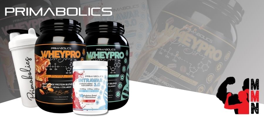 Banner featuring the Primabolics WHEY PRO Twin Pack and Intrawar 3.0 Bundle, along with a white Primabolics shaker. The image highlights two containers of WHEY PRO protein and a container of Intrawar 3.0, offering a complete package for muscle support, recovery, and workout performance. The MMN (Me Muscle Nutrition) logo is included in the corner for branding.