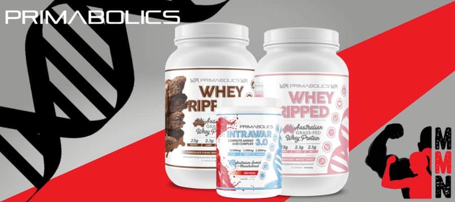 A website banner featuring a close-up image of Primabolics Whey Ripped twin pack + Intrawar Bundle supplements, placed on a red and grey background. The supplement containers are visible, with the Primabolics and Me Muscle Nutrition logos displayed prominently on the label.