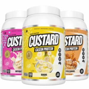 A close-up digital rendering of the Muscle Nation Custard Casein Tripple Pack supplements, placed on a white background. The label on the Tubs is clearly visible, and the supplement's name is legible. The design and details of the Tubs are shown in high definition.