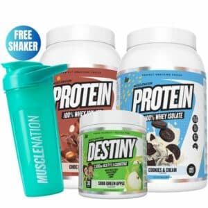 A close-up digital rendering of the Muscle Nation bundle, includes Two Proteins and one Destiny supplement tubs, placed on a white background. The label on the tubs is clearly visible, and the supplement's name is legible. The design and details of the tubs are shown in high definition.