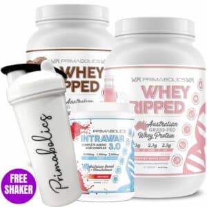 A close-up digital rendering of the Primabolics Whey Ripped twin pack + Intrawar Bundle supplement containers, placed on a white background. The label on the containers is clearly visible, and the supplement's name is legible. The design and details of the containers are shown in high definition.