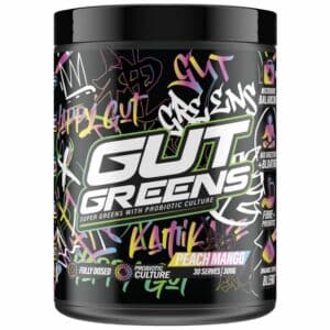 A close-up digital rendering of the Athletic Sport Gut Greens Peach Mango flavour supplement container, placed on a white background. The label on the container is clearly visible, and the supplement's name is legible. The design and details of the container are shown in high definition.