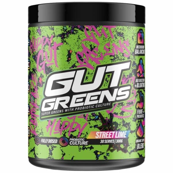 A close-up digital rendering of the Athletic Sport Gut Greens Street Lime flavour supplement container, placed on a white background. The label on the container is clearly visible, and the supplement's name is legible. The design and details of the container are shown in high definition.