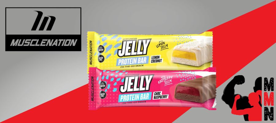 A website banner featuring a close-up image of Muscle Nation Jelly Protein Bars, placed on a red and grey background. The bars are visible, with the Muscle Nation and Me Muscle Nutrition logos displayed prominently on the labels.