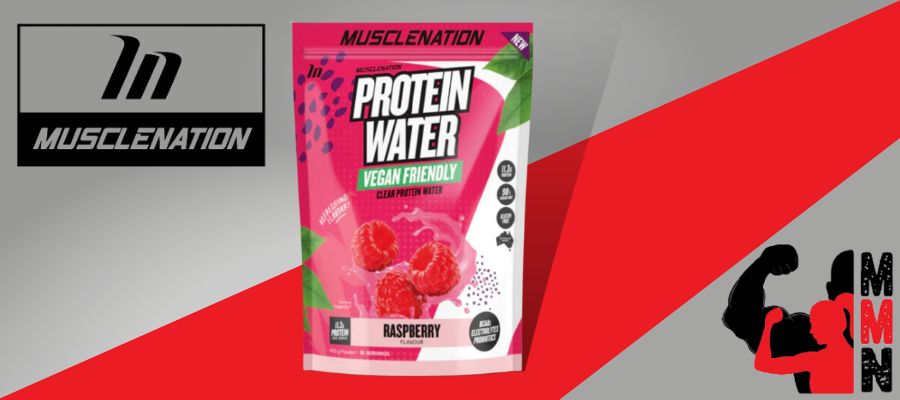 A website banner featuring a close-up image of Muscle Nation Protein Water Vegan Friendly Raspberry flavour supplement, placed on a red and grey background. The supplement container is visible, with the Muscle Nation and Me Muscle Nutrition logos displayed prominently on the banner.
