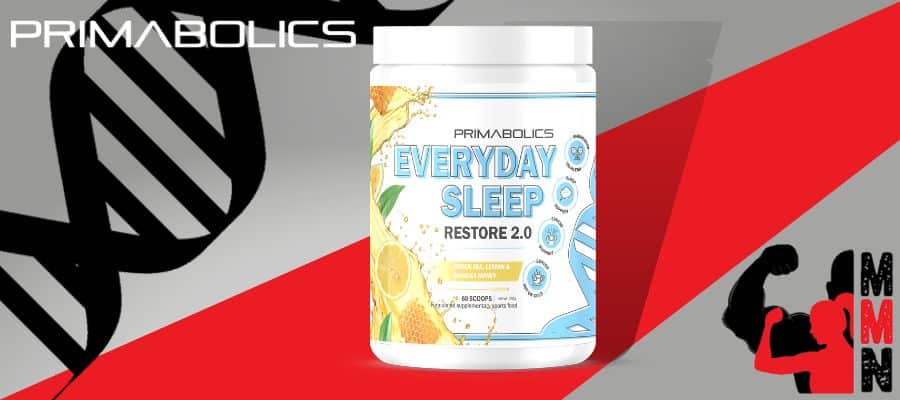A website banner featuring a close-up image of Primabolics Everyday Sleep Restore 2.0 supplement, placed on a red and grey background. The supplement container is visible, with the Primabolics and Me Muscle Nutrition logos displayed prominently on the label.