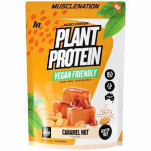 A close-up digital rendering of the Muscle Nation Plant Protein, Caramel Nut flavour supplement bag, placed on a white background. The label on the bag is clearly visible, and the supplement's name is legible. The design and details of the bag are shown in high definition.