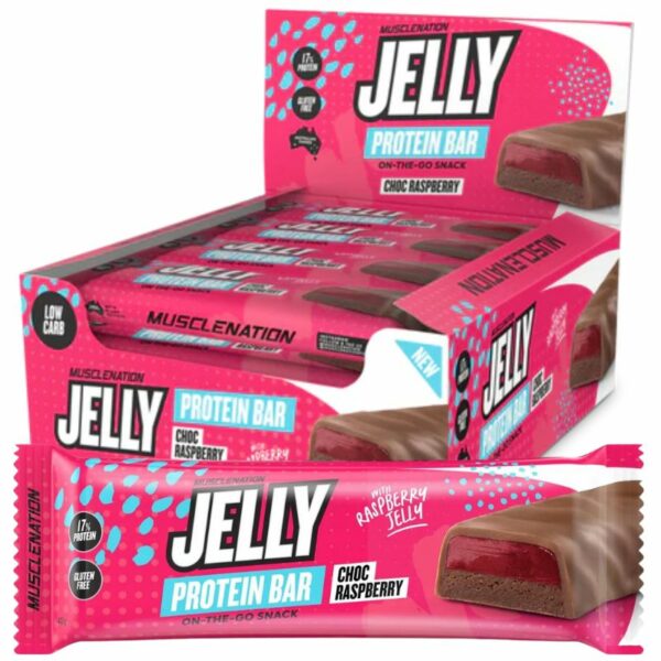 A close-up digital rendering of the Muscle Nation Protein Jelly Bar, Choc Raspberry flavour, placed on a white background. The label on the bar is clearly visible, and the supplement's name is legible. The design and details of the bar are shown in high definition.