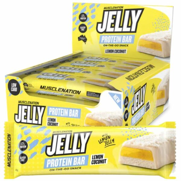 A close-up digital rendering of the Muscle Nation Protein Jelly Bar, Lemon Coconut flavour, placed on a white background. The label on the bar is clearly visible, and the supplement's name is legible. The design and details of the bar are shown in high definition.