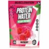 A close-up digital rendering of the Muscle Nation Protein Water Vegan Friendly Raspberry flavour supplement bag, placed on a white background. The label on the bag is clearly visible, and the supplement's name is legible. The design and details of the bag are shown in high definition.