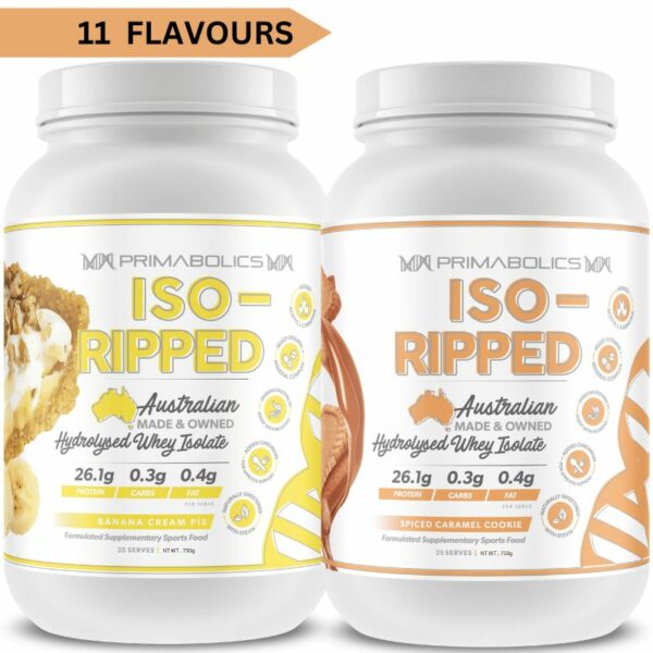 A close-up digital rendering of the Primabolics Iso-Ripped Twin Pack supplement containers, placed on a white background. The label on the containers is clearly visible, and the supplement's name is legible. The design and details of the containers are shown in high definition.