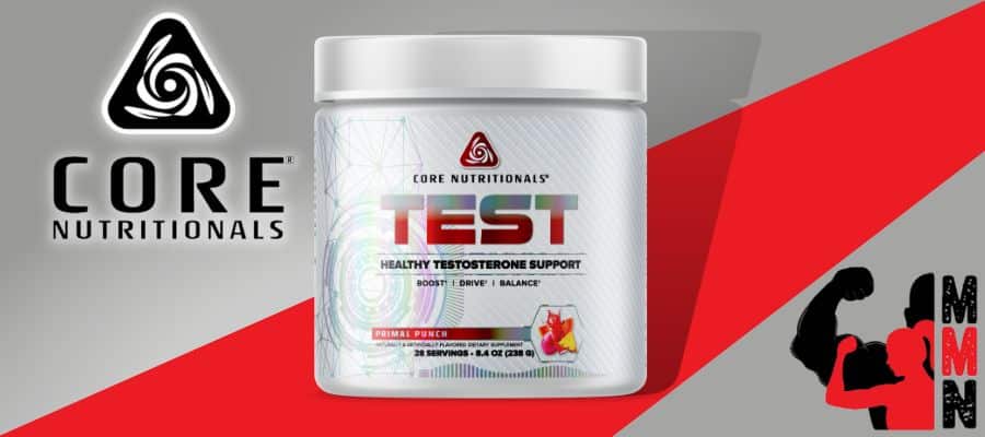 A website banner featuring a close-up image of Core Nutritionals Test supplement, placed on a red and grey background. The supplement container is visible, with the Core Nutritionals and Me Muscle Nutrition logos displayed prominently on the label.