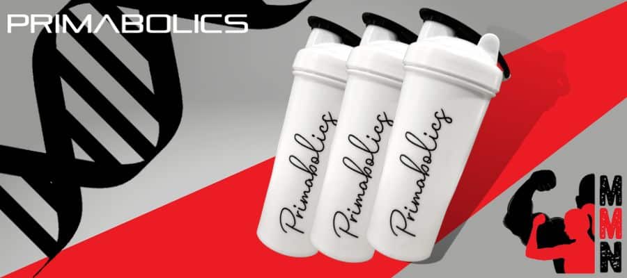 A website banner featuring a close-up image of Primabolics Shaker 600ml, placed on a red and grey background. The shaker container is visible, with the Primabolics and Me Muscle Nutrition logos displayed prominently on the shaker.