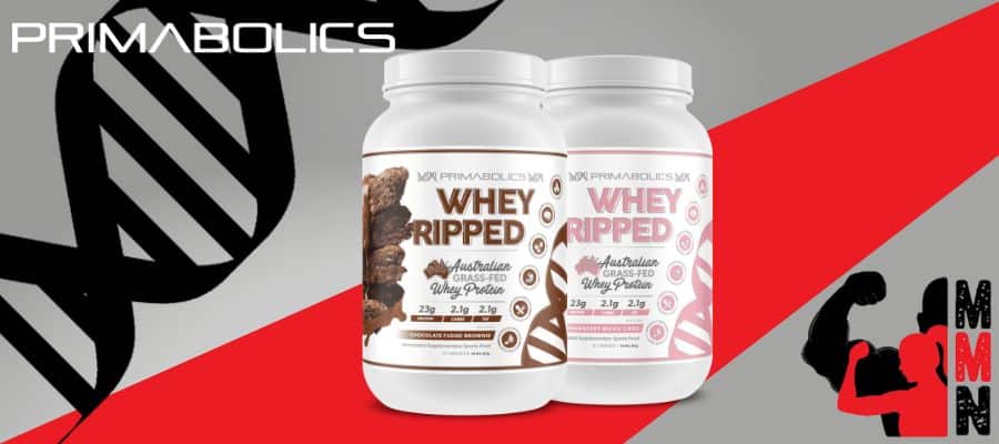 A website banner featuring a close-up image of Primabolics Whey Ripped Protein supplement, placed on a red and grey background. The supplement container is visible, with the Primabolics and Me Muscle Nutrition logos displayed prominently on the label.