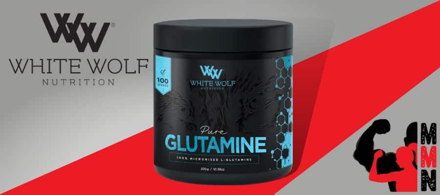 A website banner featuring a close-up image of White Wolf Nutrition Glutamine 100 Serves supplement, placed on a red and grey background. The supplement container is visible, with the White Wolf Nutrition and Me Muscle Nutrition logos displayed prominently on the label.