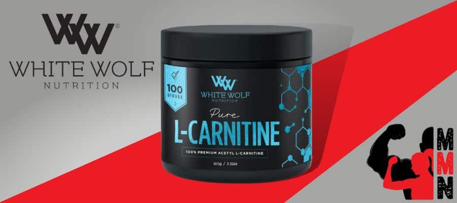 A website banner featuring a close-up image of White Wolf Nutrition L Carnitine 100 Serves supplement, placed on a red and grey background. The supplement container is visible, with the Athletic Sport and Me Muscle Nutrition logos displayed prominently on the label.