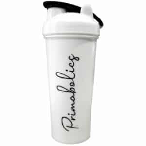 A close-up digital rendering of the Primabolics Shaker 600ml, placed on a white background. The label on the shaker is clearly visible, and the supplement's name is legible. The design and details of the shaker are shown in high definition.