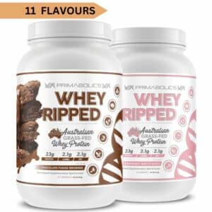 A close-up digital rendering of the Primabolics Whey Ripped Twin Pack supplement containers, placed on a white background. The label on the containers is clearly visible, and the supplement's name is legible. The design and details of the containers are shown in high definition.